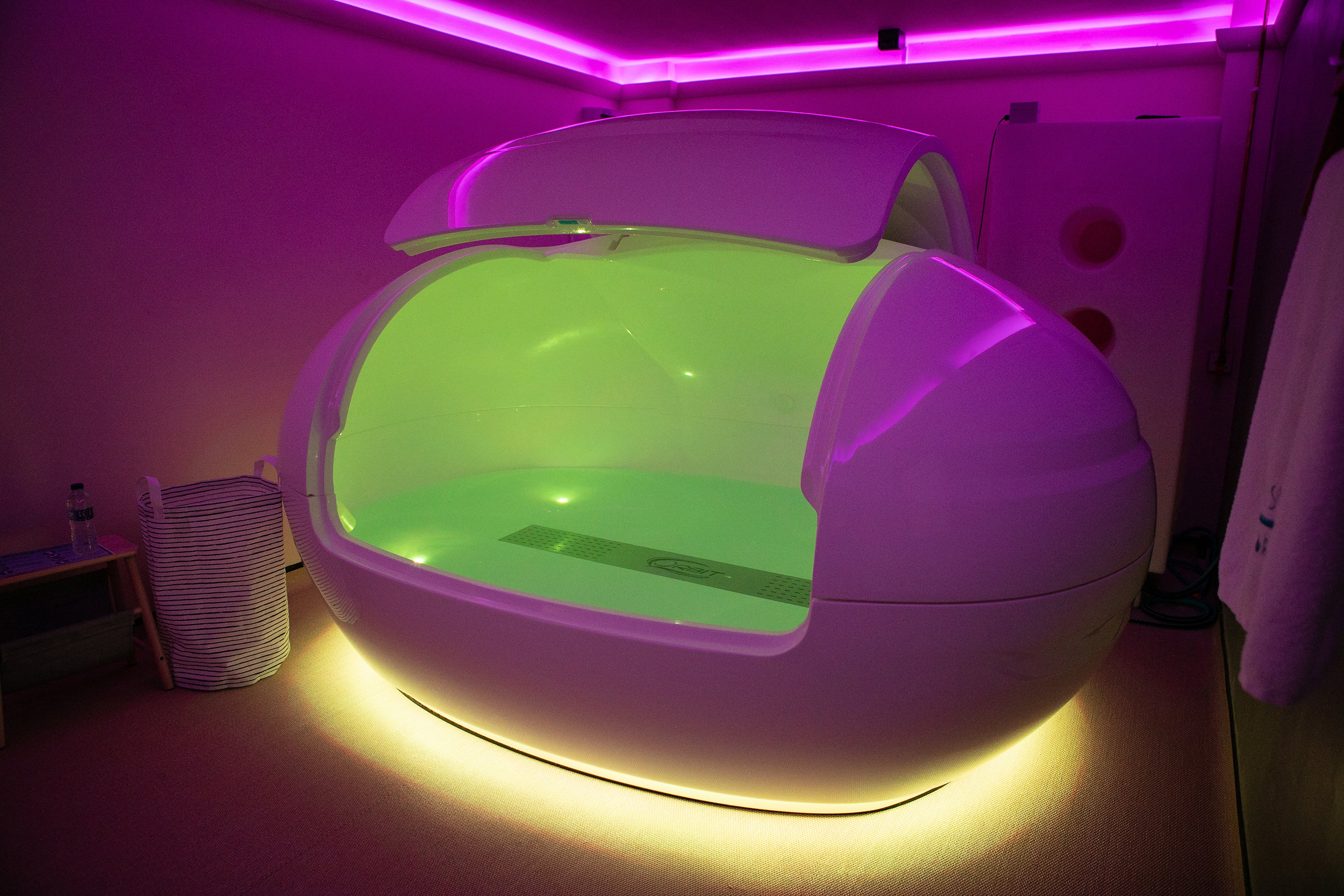 Float pod open and ready at Shropshire Floatation and Wellness Centre — one of the finest floatation facilities in the UK. Myddle, Shrewsbury.