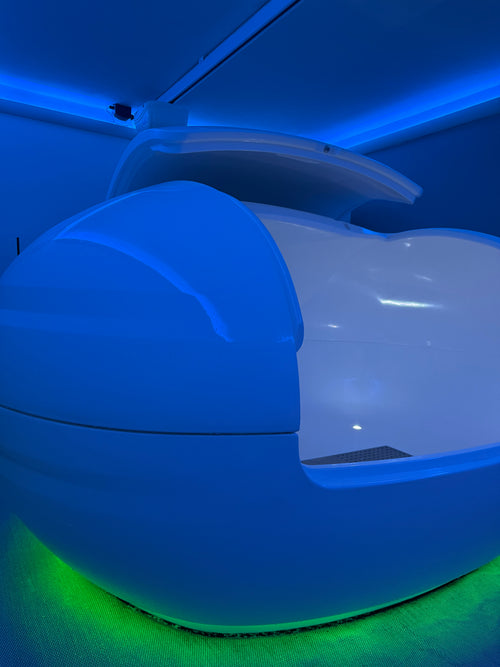 State of the art float pod at Shropshire Floatation and Wellness Centre — zero gravity, zero noise, 550kg of Epsom salt. Myddle, Shrewsbury.